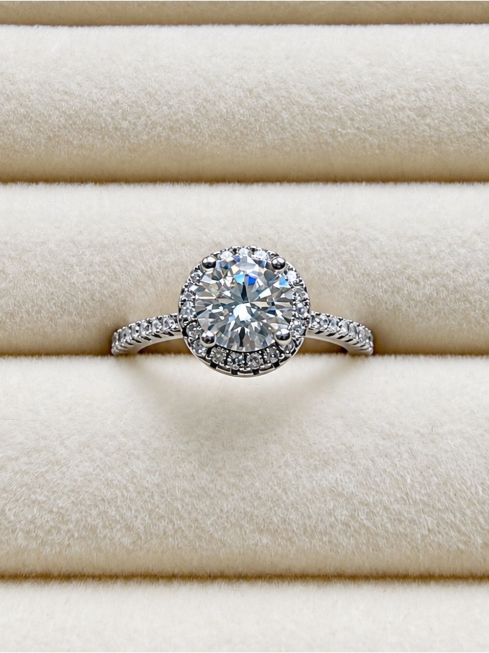 Size 6 - 0.98ct D Moissanite Round Halo Engagement Ring Sterling Silver GRA Cert